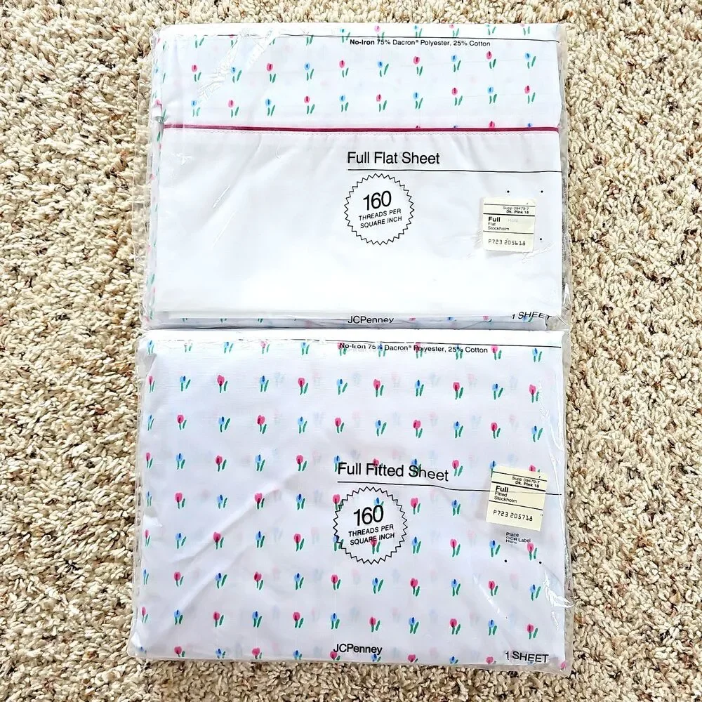 JCPenney Stockholm Dainty Tulip Floral FULL Flat Fitted Sheets NEW Vintage USA